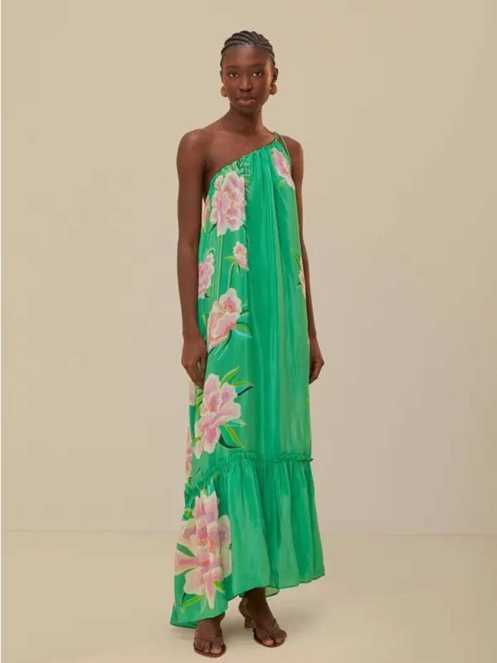 FARM Rio Green One-Shoulder Floral Maxi Dress with Pink Flowers